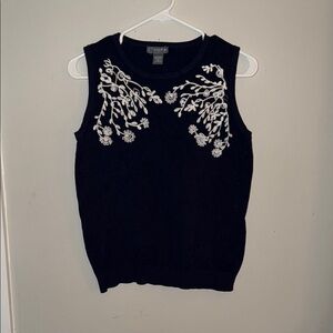 Navy Blue Sleeveless Sweater with White Embroidery
